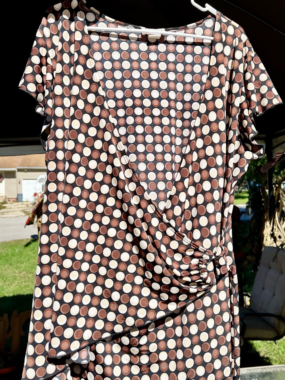 Polka Dot Faux-Wrap Tunic Top - Brown & Cream MLM 24
